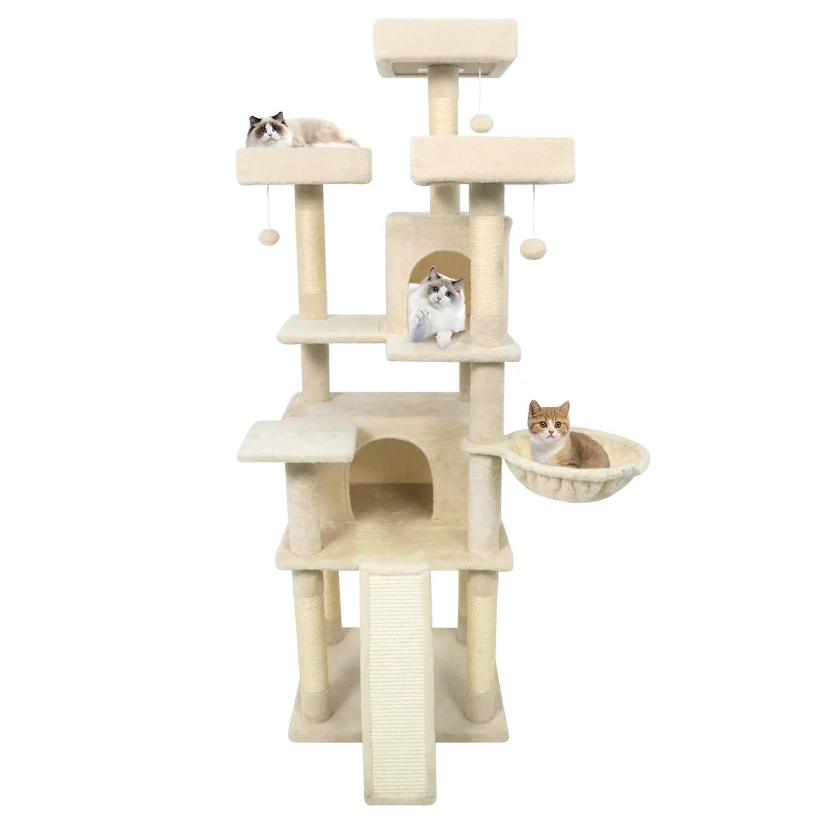 65 Inch Tall Multi-level Cat Tree with 3 Upholstered Perch and 2 Cat Condos, photo 13 of 32