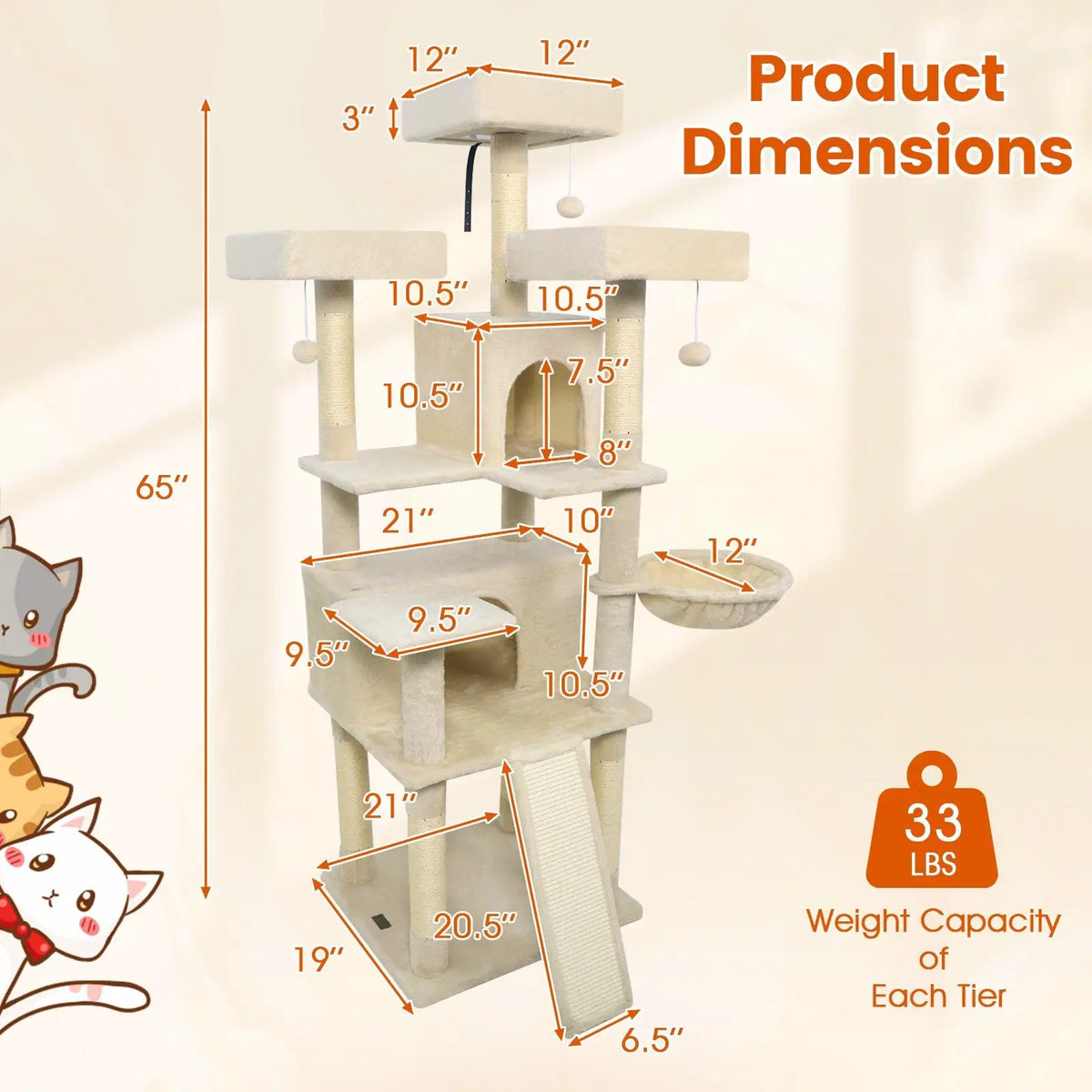 65 Inch Tall Multi-level Cat Tree with 3 Upholstered Perch and 2 Cat Condos, photo 14 of 32