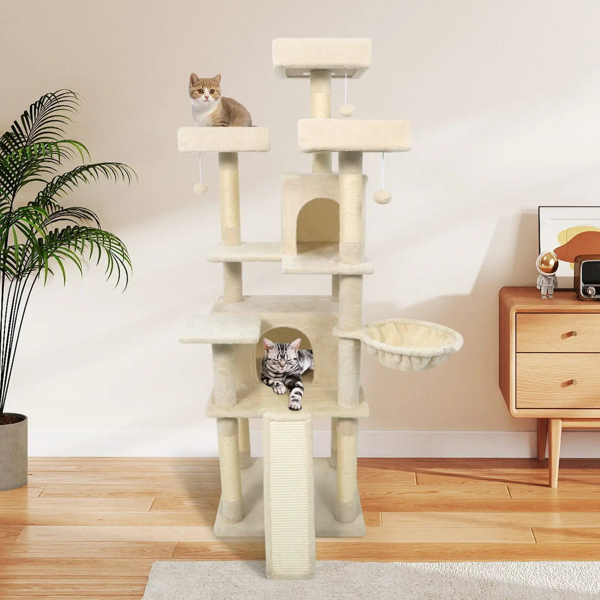 65 Inch Tall Multi-level Cat Tree with 3 Upholstered Perch and 2 Cat Condos, photo 15 of 32