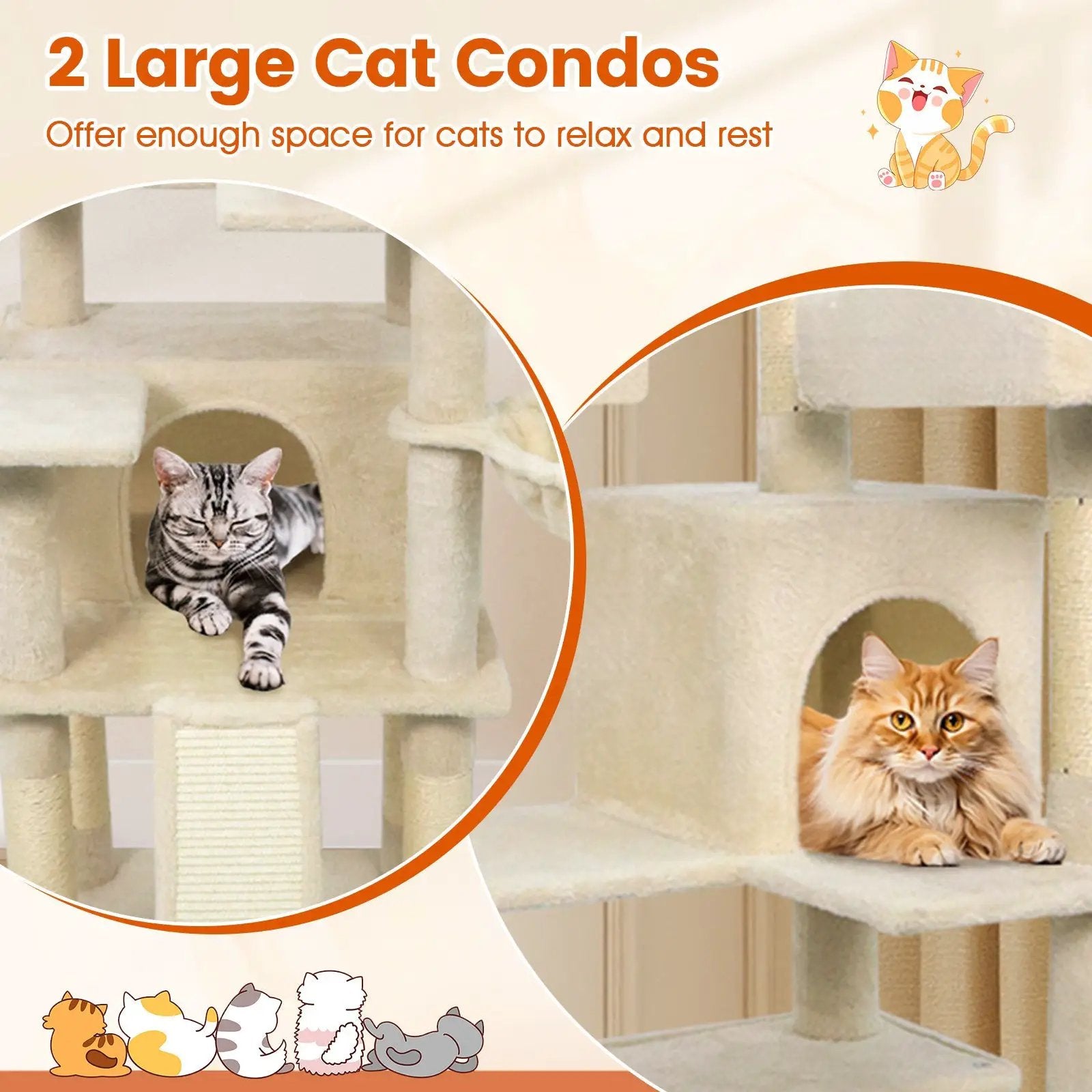 65 Inch Tall Multi-level Cat Tree with 3 Upholstered Perch and 2 Cat Condos by DirectDeals
