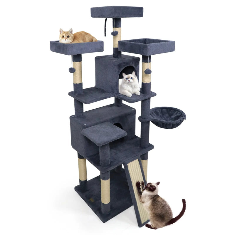 65 Inch Tall Multi-level Cat Tree with 3 Upholstered Perch and 2 Cat Condos by DirectDeals