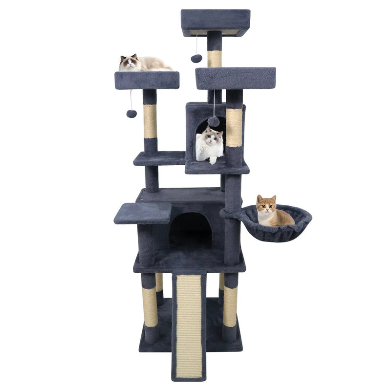 65 Inch Tall Multi-level Cat Tree with 3 Upholstered Perch and 2 Cat Condos by DirectDeals