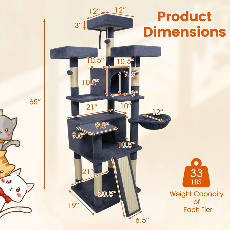 65 Inch Tall Multi-level Cat Tree with 3 Upholstered Perch and 2 Cat Condos by DirectDeals