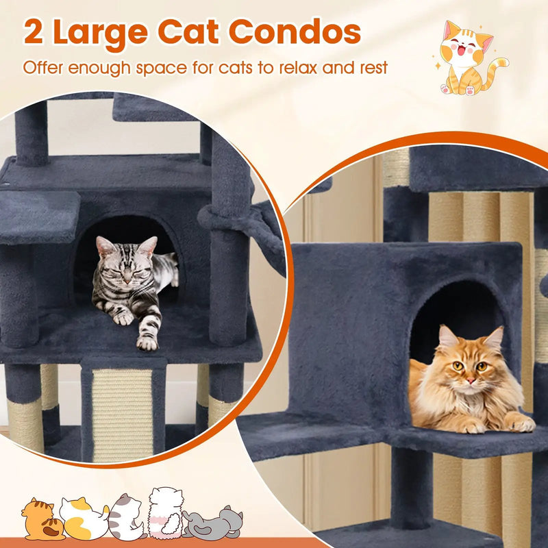 65 Inch Tall Multi-level Cat Tree with 3 Upholstered Perch and 2 Cat Condos by DirectDeals