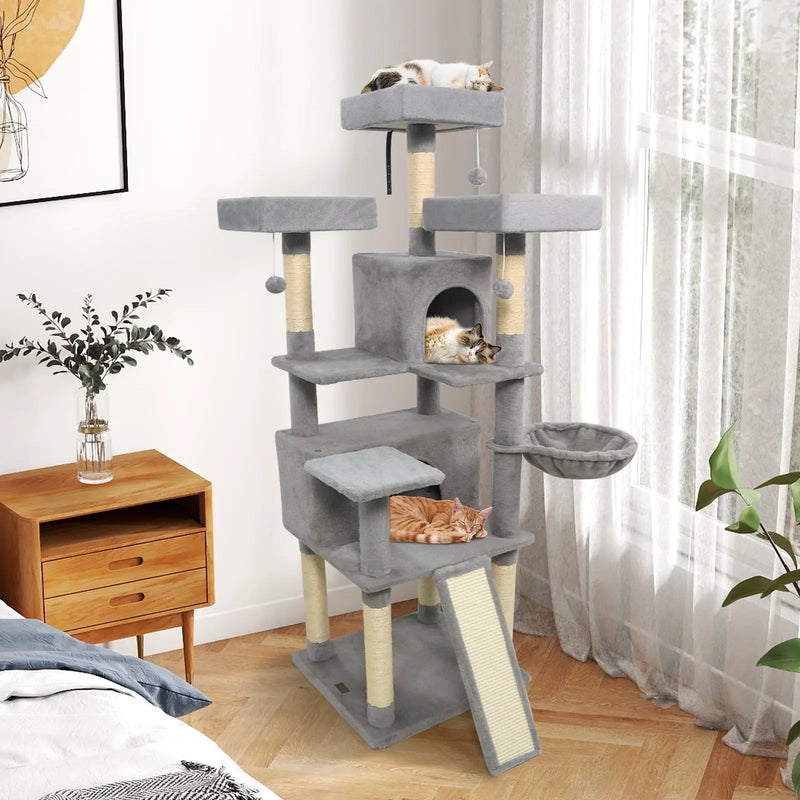65 Inch Tall Multi-level Cat Tree with 3 Upholstered Perch and 2 Cat Condos by DirectDeals