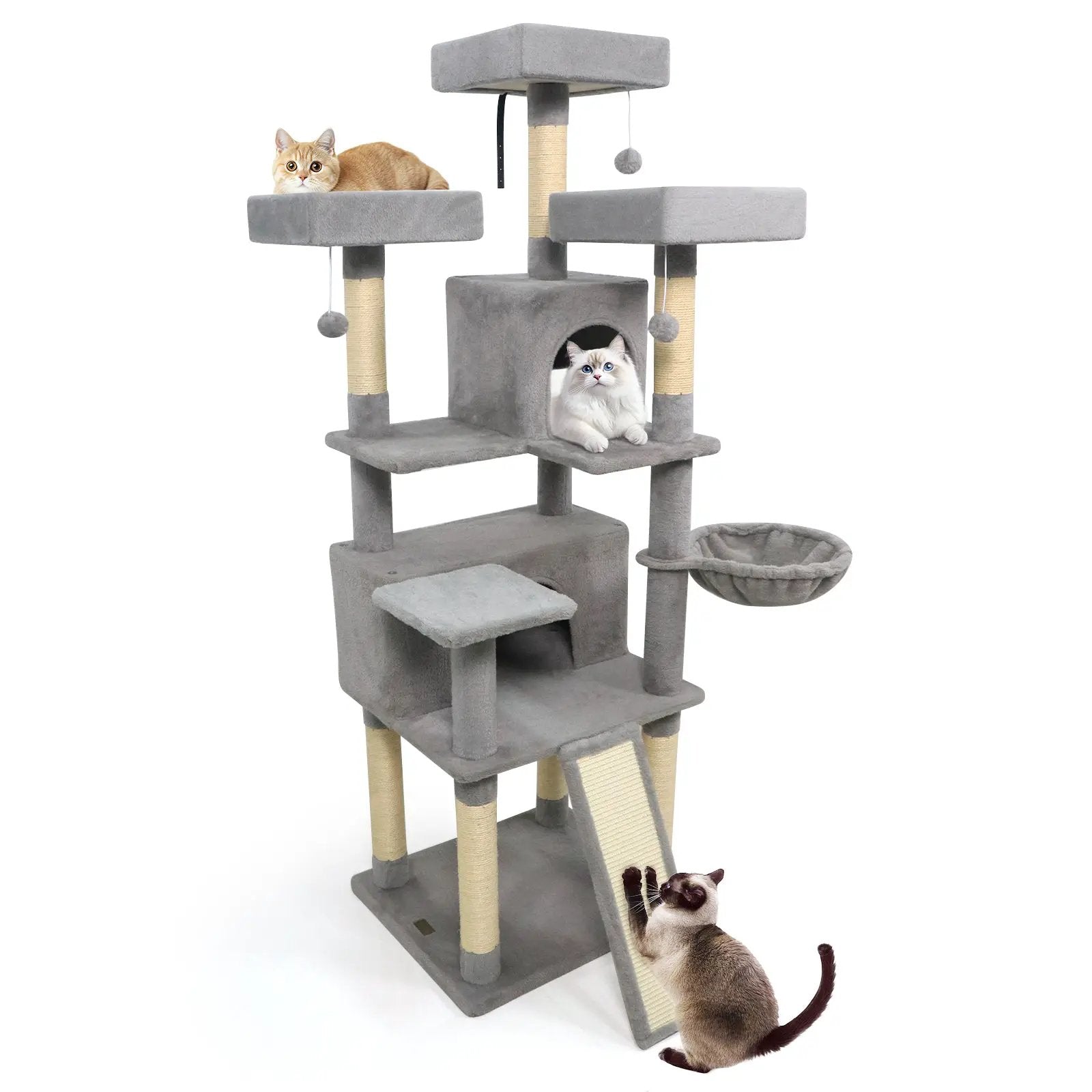 65 Inch Tall Multi-level Cat Tree with 3 Upholstered Perch and 2 Cat Condos by DirectDeals