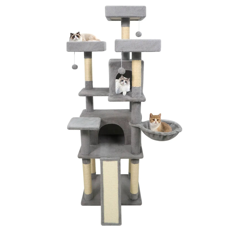 65 Inch Tall Multi-level Cat Tree with 3 Upholstered Perch and 2 Cat Condos by DirectDeals