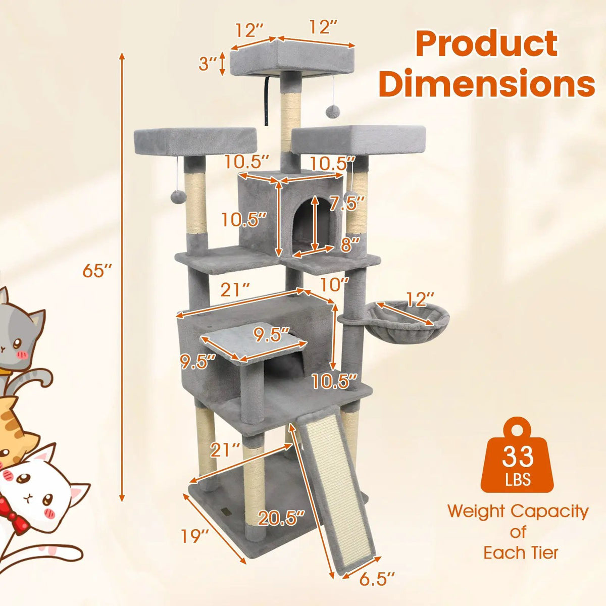 65 Inch Tall Multi-level Cat Tree with 3 Upholstered Perch and 2 Cat Condos, photo 21 of 32