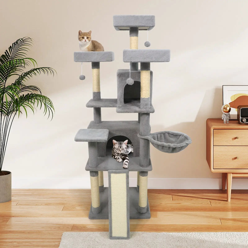 65 Inch Tall Multi-level Cat Tree with 3 Upholstered Perch and 2 Cat Condos by DirectDeals