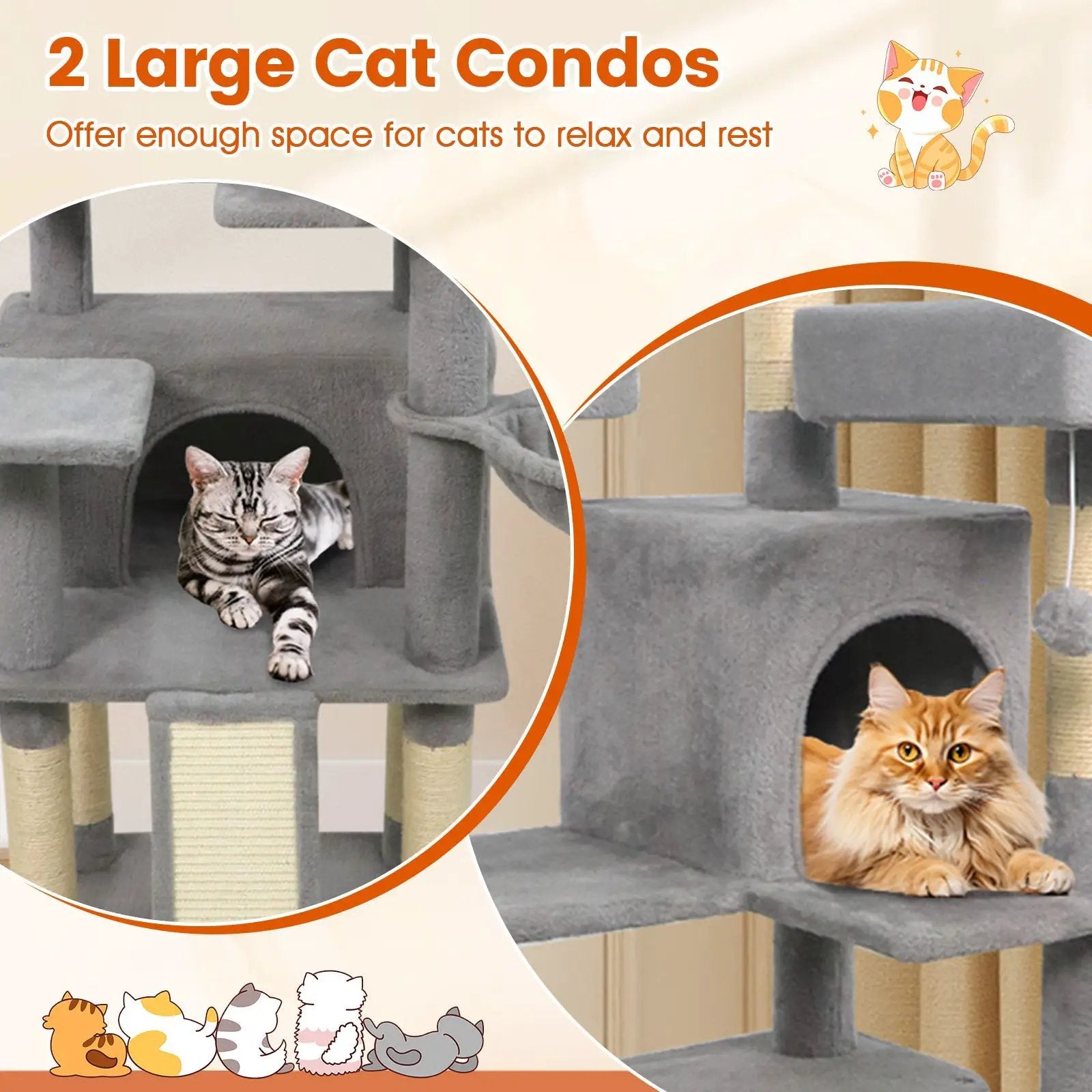 65 Inch Tall Multi-level Cat Tree with 3 Upholstered Perch and 2 Cat Condos by DirectDeals
