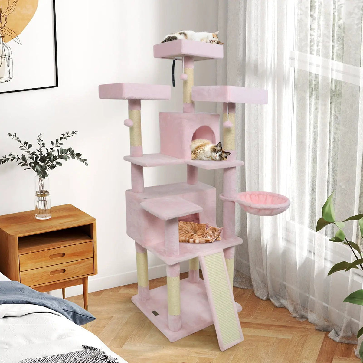 65 Inch Tall Multi-level Cat Tree with 3 Upholstered Perch and 2 Cat Condos, photo 5 of 32