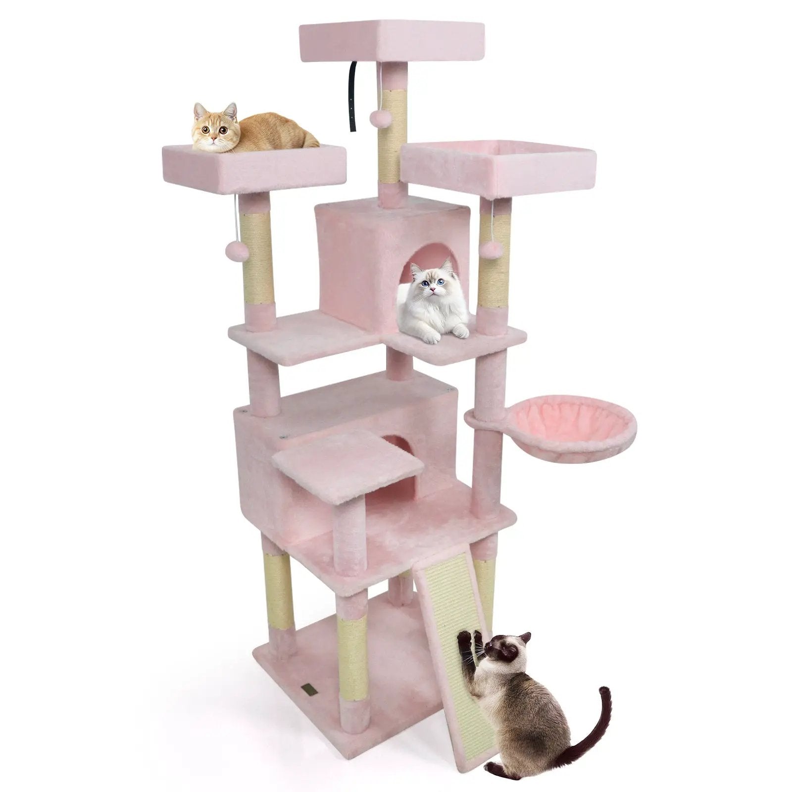 65 Inch Tall Multi-level Cat Tree with 3 Upholstered Perch and 2 Cat Condos by DirectDeals