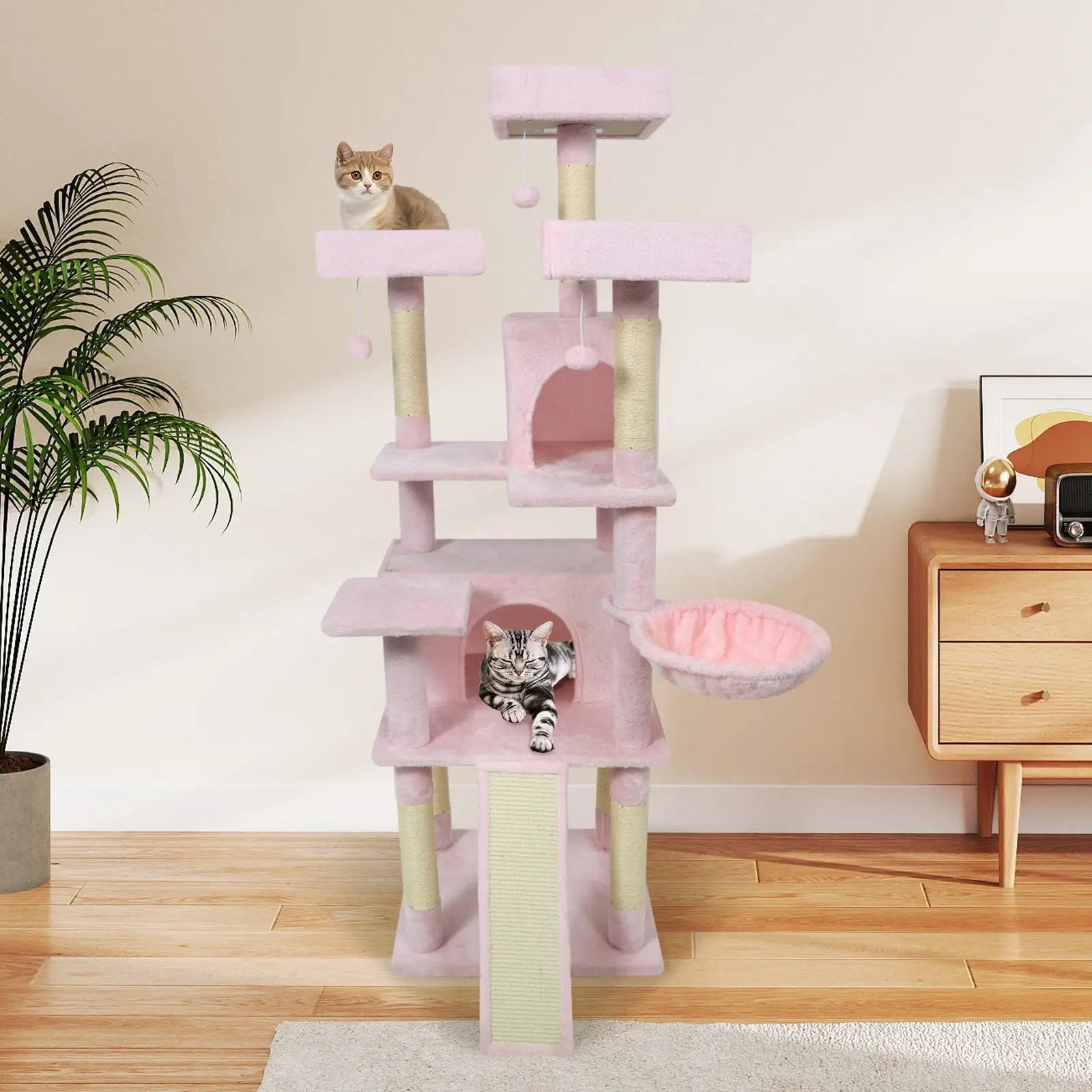65 Inch Tall Multi-level Cat Tree with 3 Upholstered Perch and 2 Cat Condos by DirectDeals