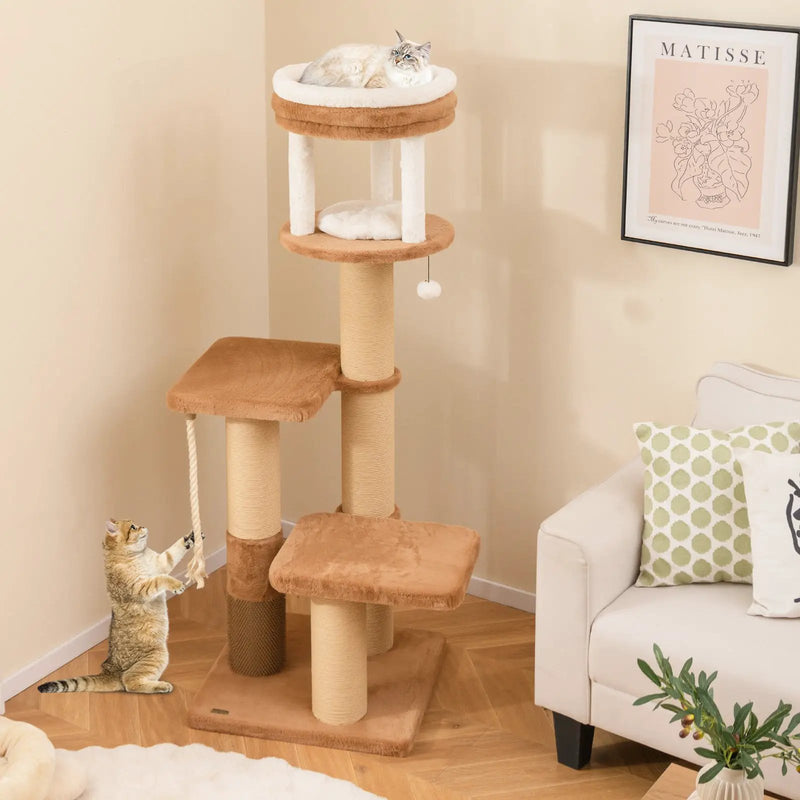 65 Inches Tall Cat Tree with Self-groomer and Removable Cat Bed-Coffee by DirectDeals