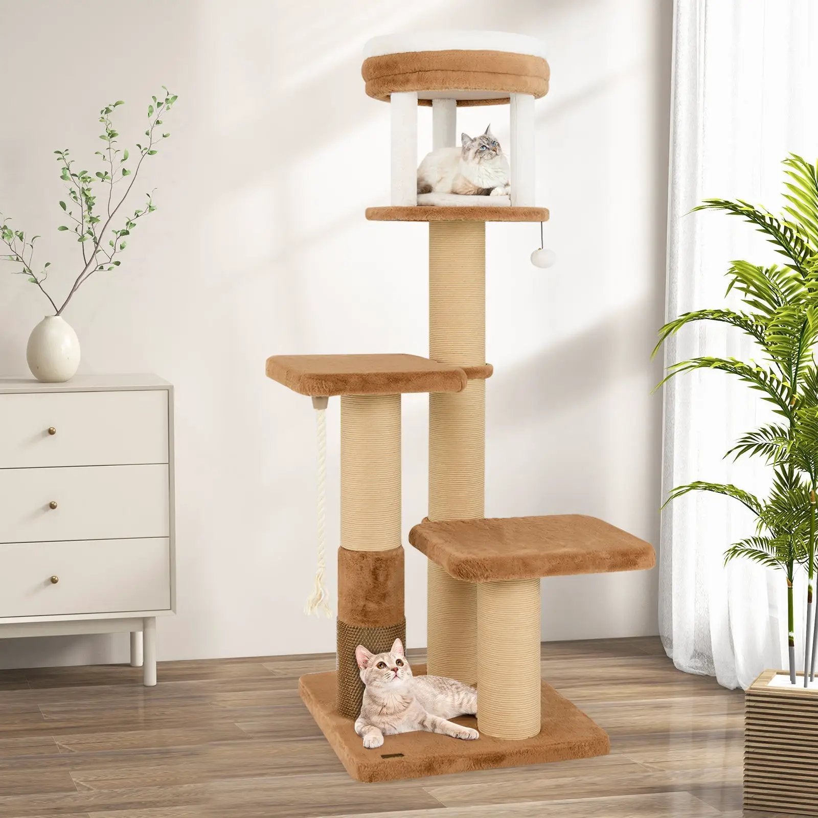 65 Inches Tall Cat Tree with Self-groomer and Removable Cat Bed-Coffee by DirectDeals