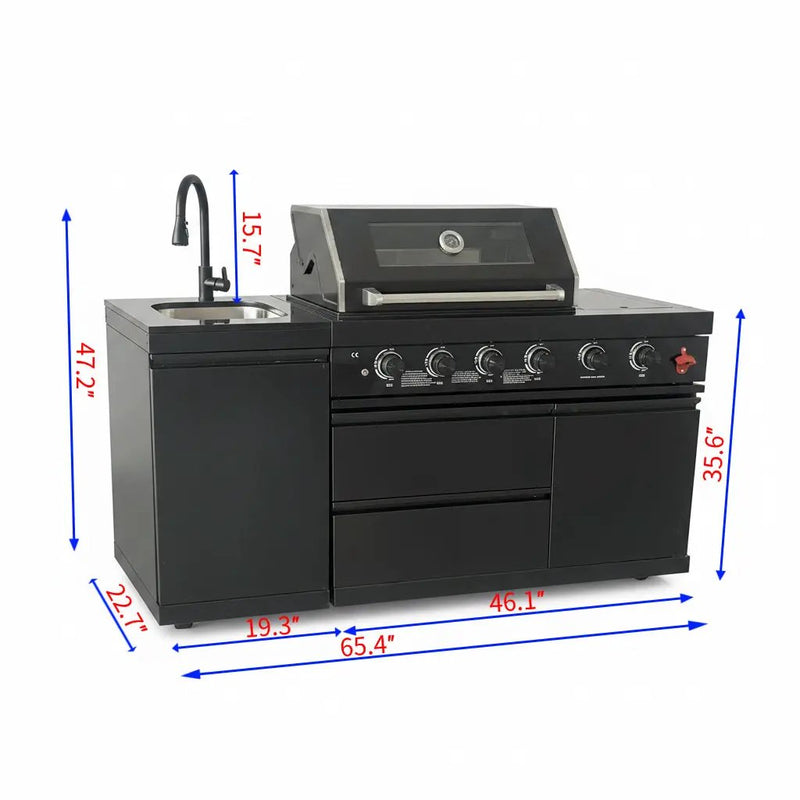 65" 4-Burner 72,000 BTU Black Outdoor Kitchen Island Grill + Round Side Burner by Chery Industrial