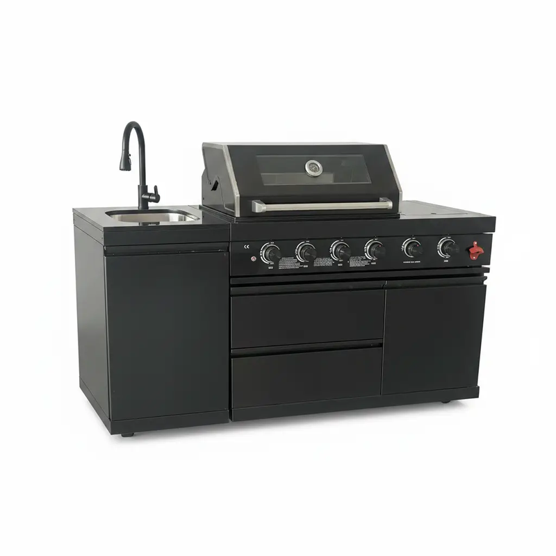 65" 4-Burner 72,000 BTU Black Outdoor Kitchen Island Grill + Round Side Burner by Chery Industrial