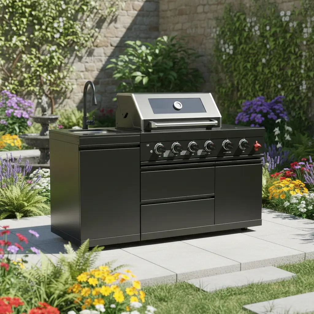 65" 4-Burner 72,000 BTU Black Outdoor Kitchen Island Grill + Round Side Burner by Chery Industrial