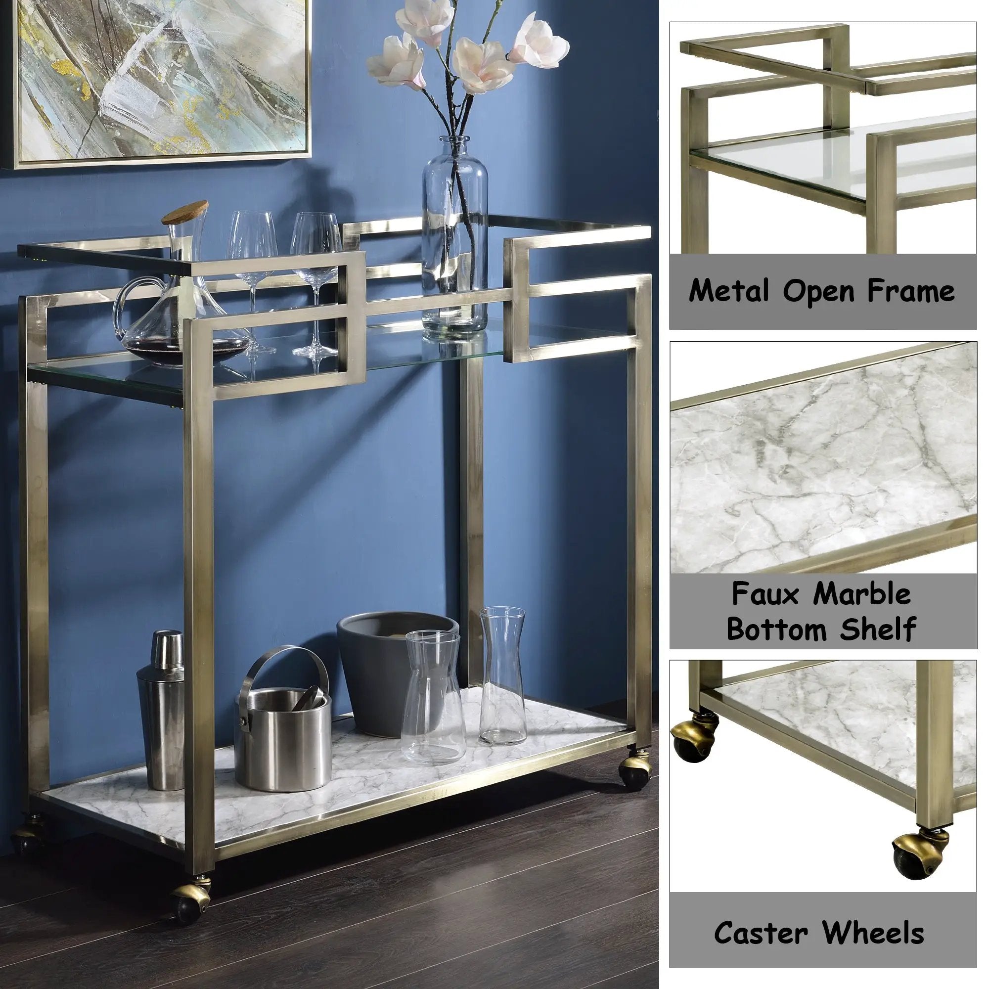 Neilo Clear Glass Faux Marble Top Serving Cart by HouseOfZazla