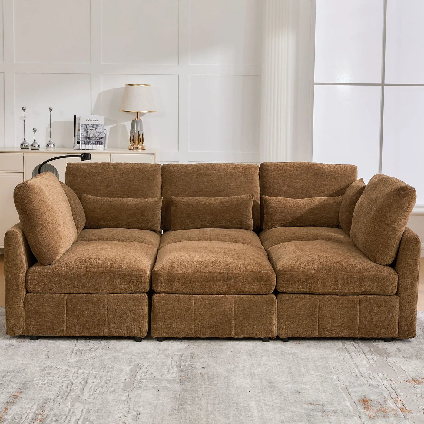 Modern Modular U-Shaped Sofa Bed With Movable Ottoman, USB Ports, Phone Holder by HouseOfZazla