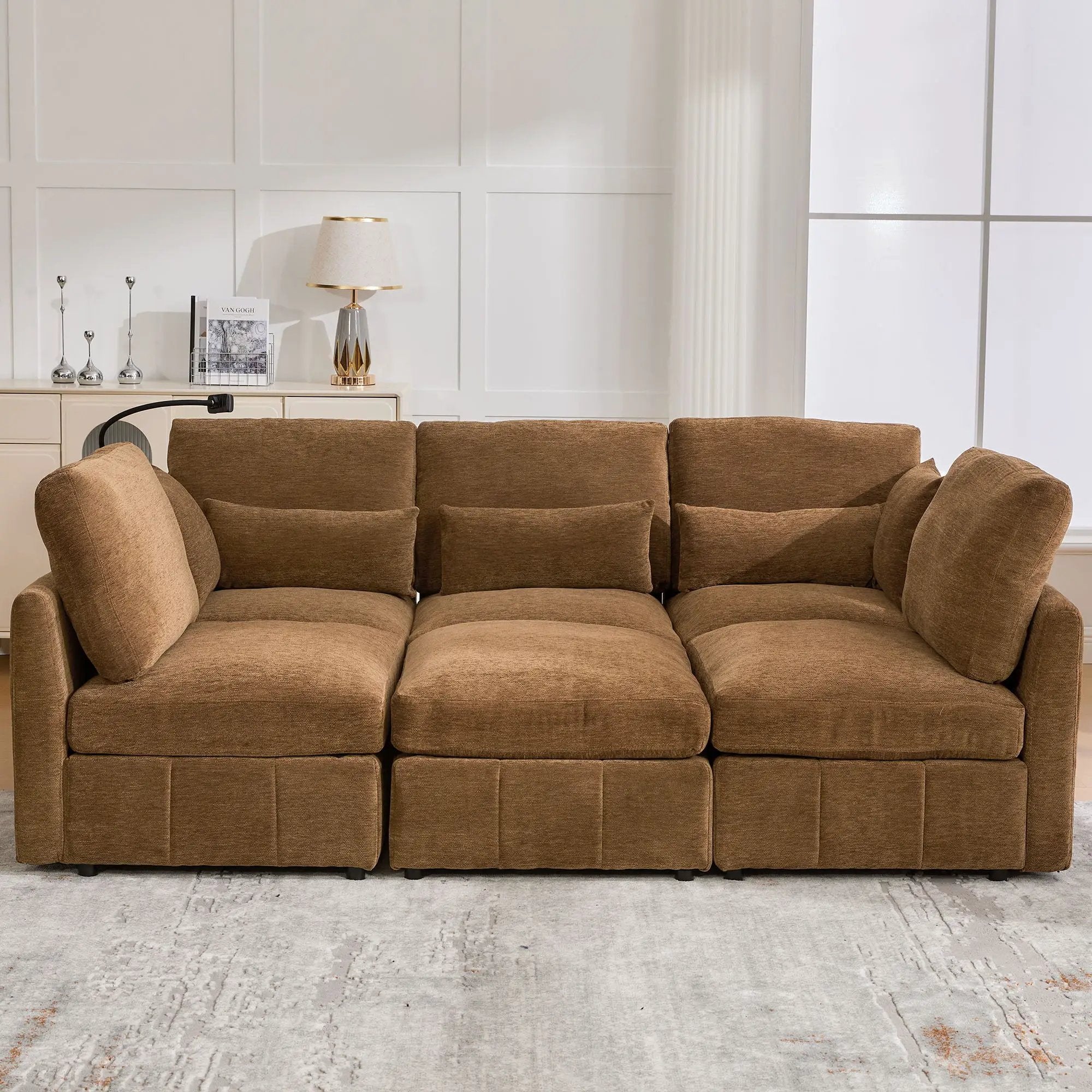 Modern Modular U-Shaped Sofa Bed With Movable Ottoman, USB Ports, Phone Holder by HouseOfZazla