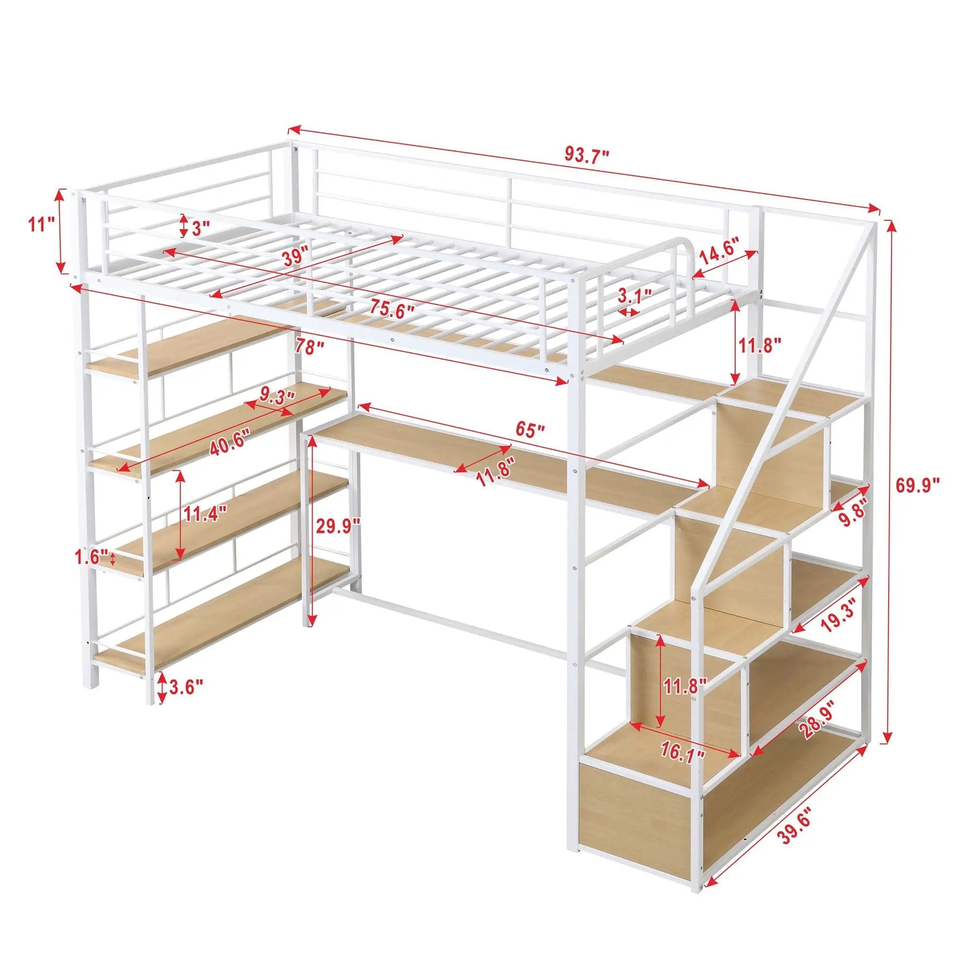 Twin Size Loft Bed With Built In Desk, Staircase Storage & 4 Tier Shelves - White by Unique Piece Furniture