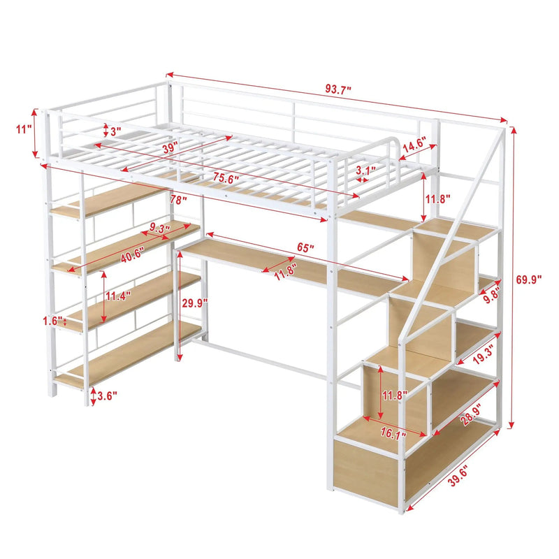 Twin Size Loft Bed With Built In Desk, Staircase Storage & 4 Tier Shelves - White by HouseOfZazla