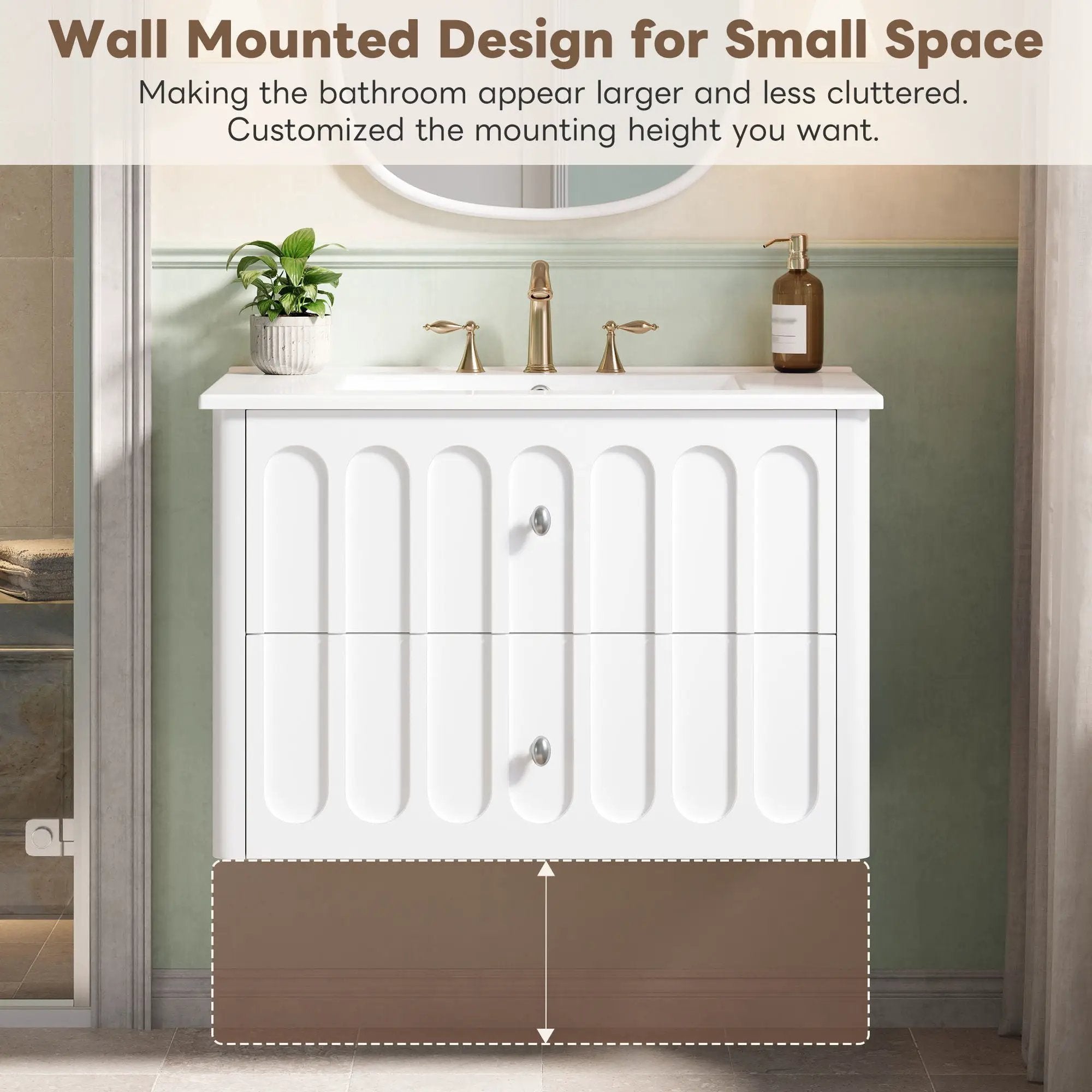 Floating Bathroom Vanity With Oval Knobs & Round Edge, Soft Close Drawer Slides