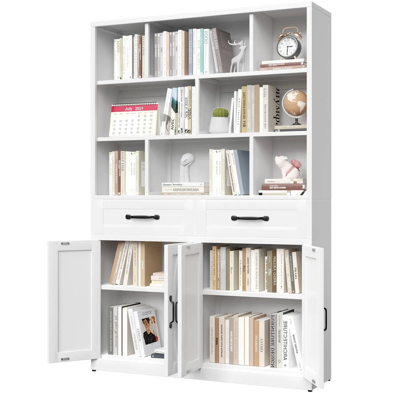 Bookcase Tall With 2 Doors & 2 Drawers, Fixed Open Shelves - White by HouseOfZazla