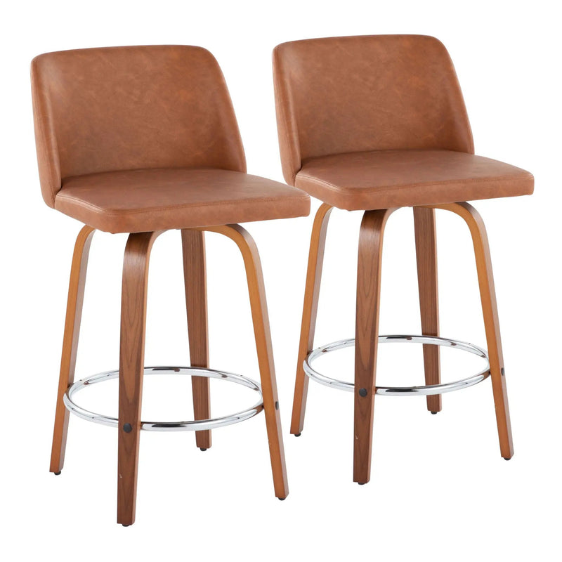 Toriano - Contemporary Fixed Height Counter Stool With Swivel & Round Footrest (Set of 2) - Walnut / Camel by HouseOfZazla