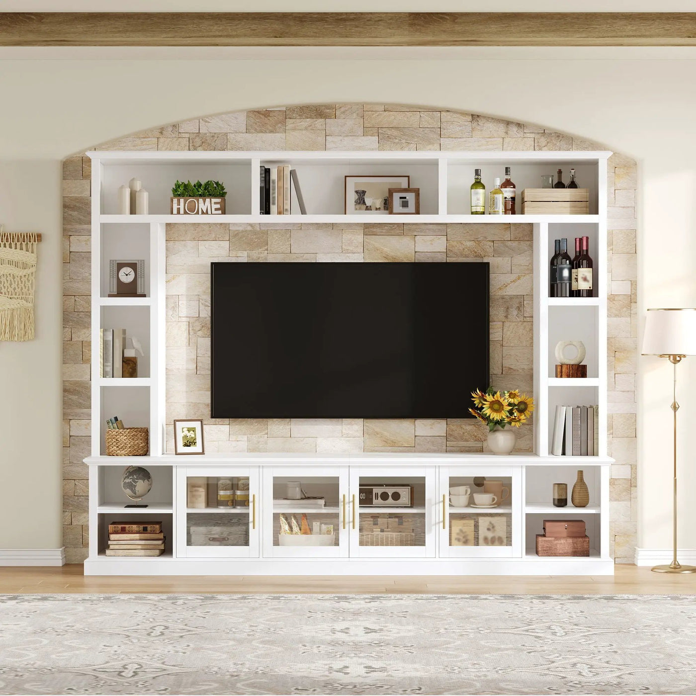 All-In-One Entertainment Center With Bookshelves & Tempered Glass Doors, TV Console Unit For Living Room by Unique Piece Furniture