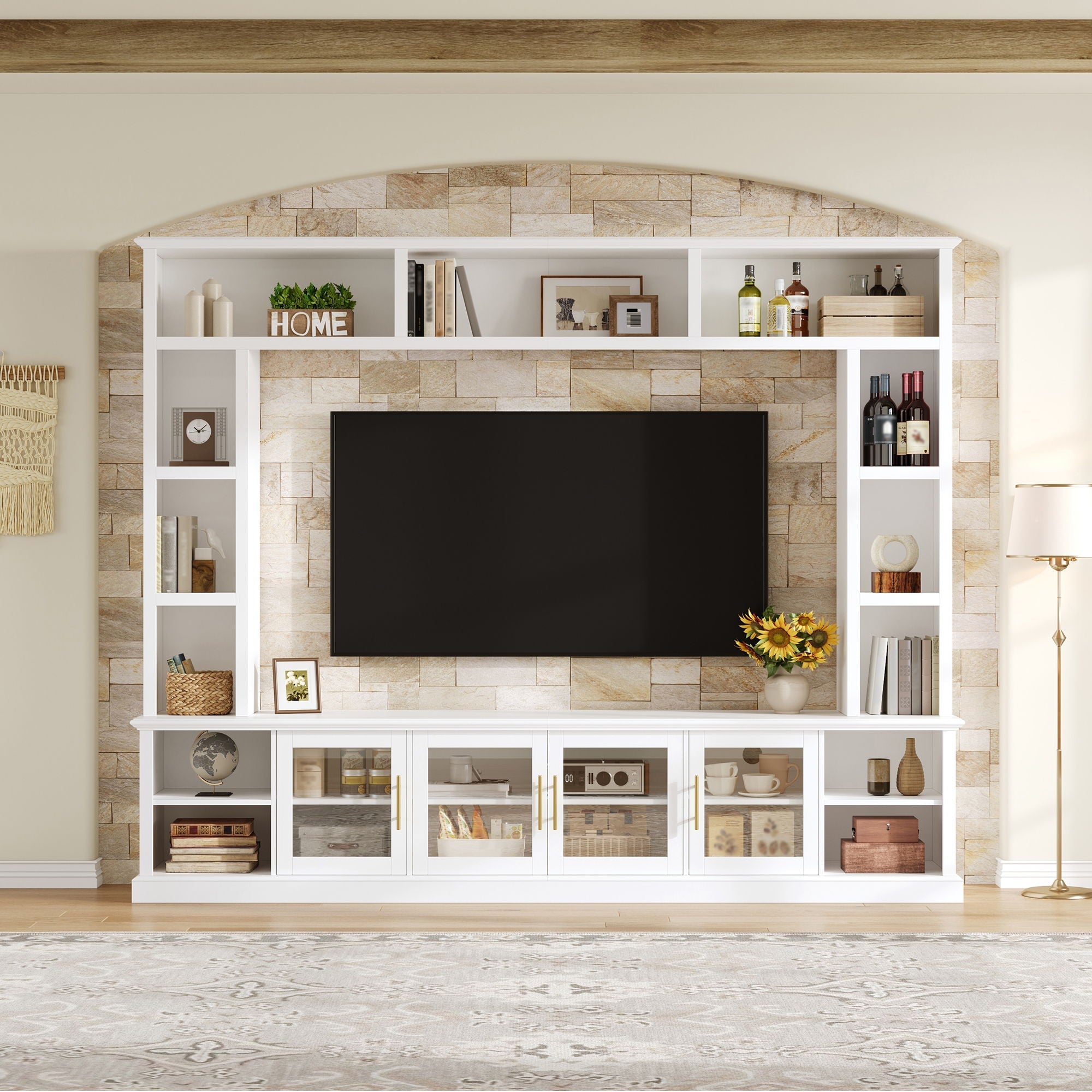 All-In-One Entertainment Center With Bookshelves & Tempered Glass Doors, TV Console Unit For Living Room by Unique Piece Furniture