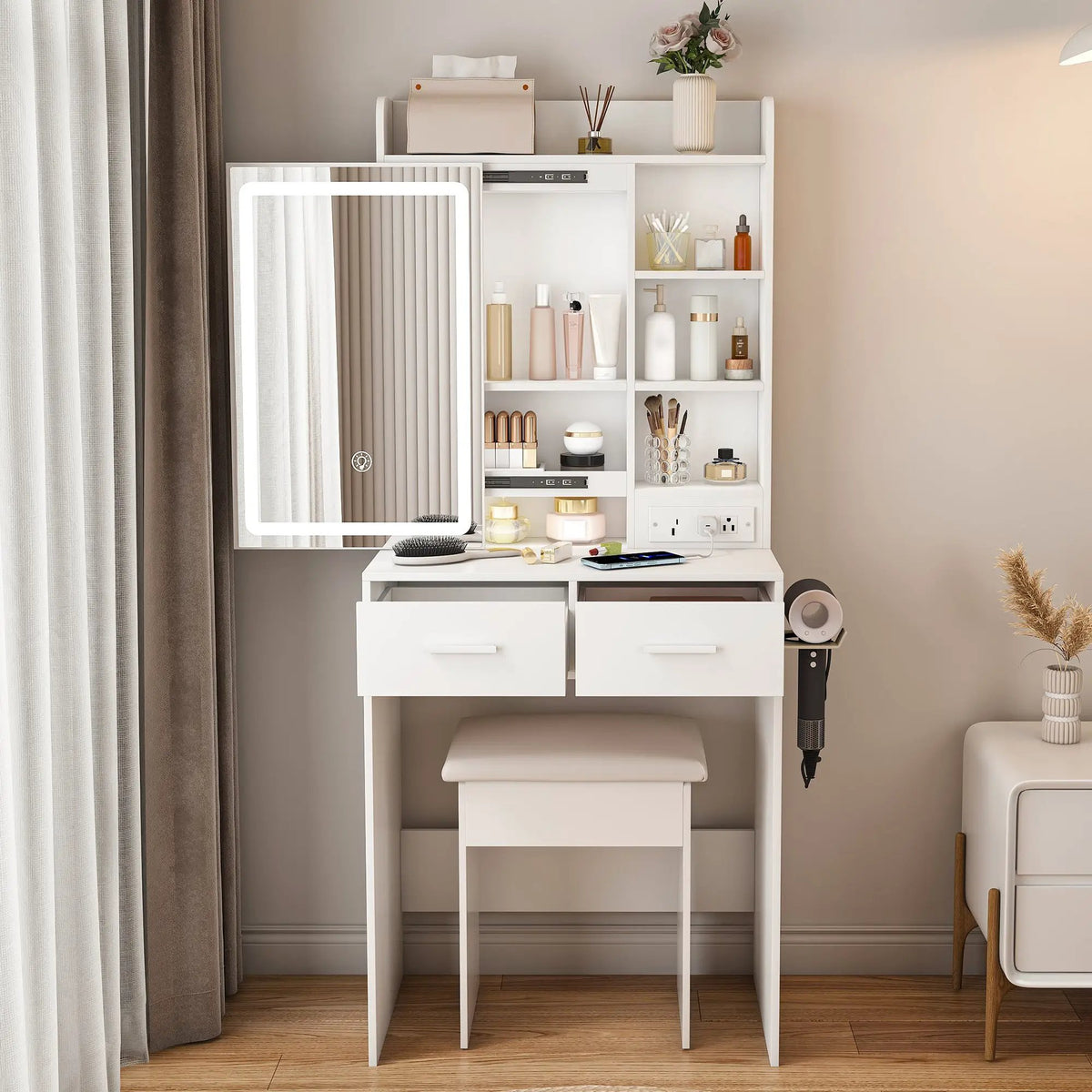 Small Makeup Vanity Desk with Mirror & LED Lights by HouseOfZazla