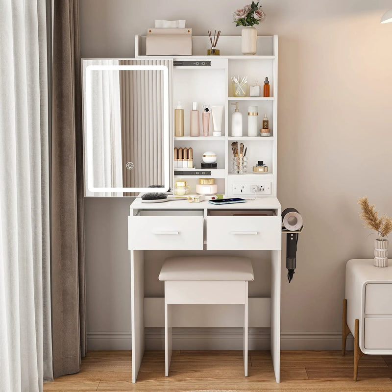 Small Makeup Vanity Desk with Mirror & LED Lights by HouseOfZazla