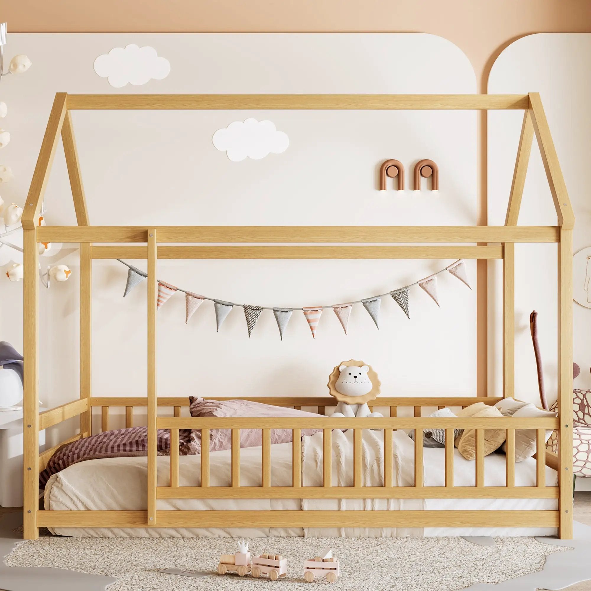 Twin Size Floor Wooden Bed with House Roof Frame, Fence Guardrails by HouseOfZazla