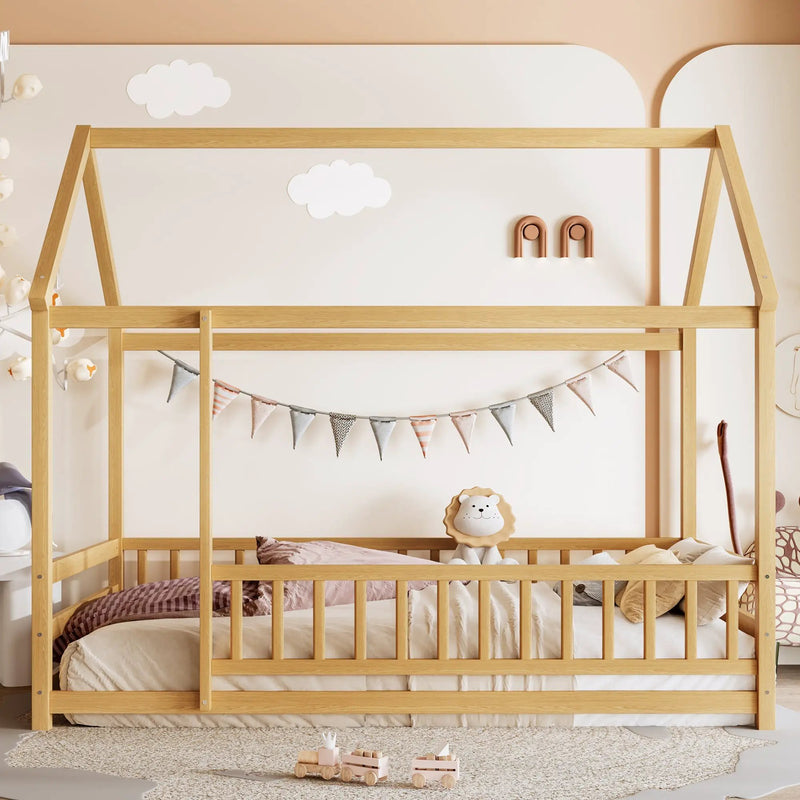 Twin Size Floor Wooden Bed with House Roof Frame, Fence Guardrails by HouseOfZazla