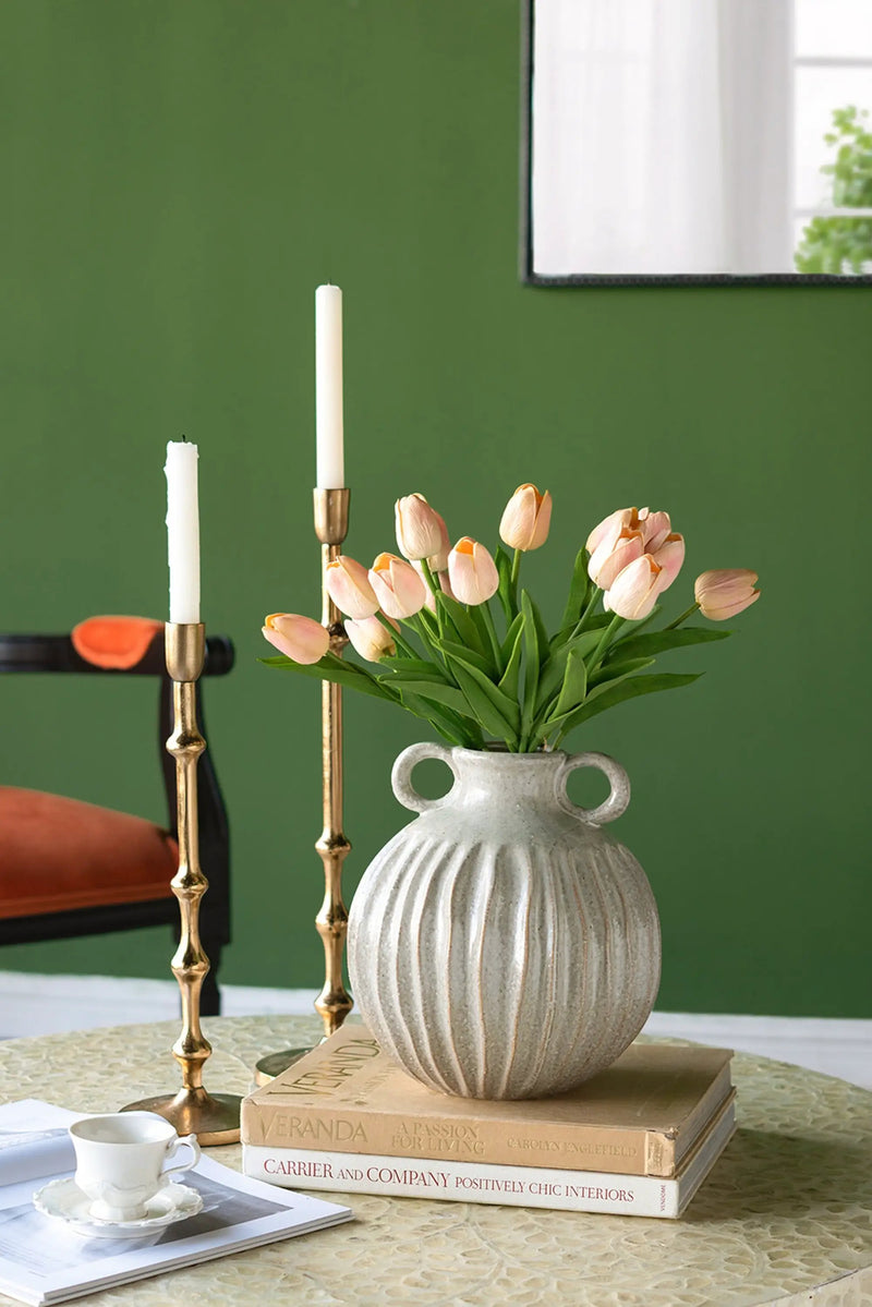 9x9x10' Decorative Round Ceramic Flower Vase with Small Handles and Textured Motif, Gold by HouseOfZazla