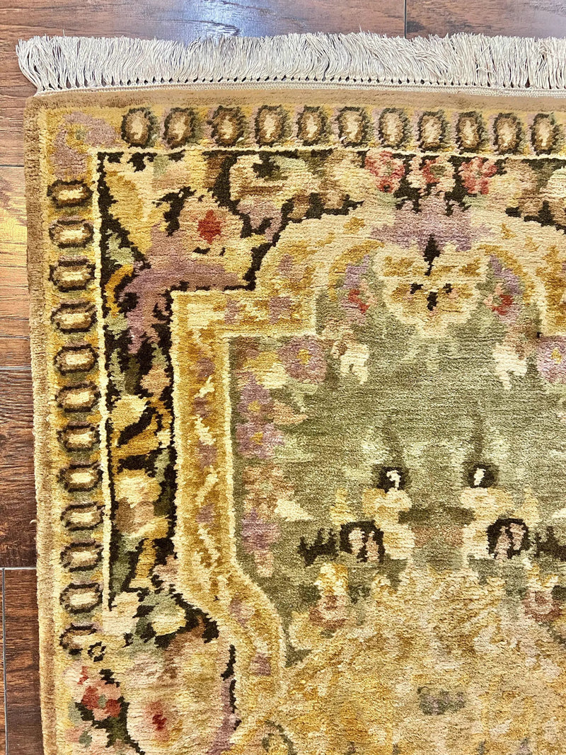 Tibetan Runner Rug 2.6 x 10, French Aubusson Pattern, Gold Olive Green, Vintage Handmade European Design, Wool Hallway Rug by Jewel Rugs