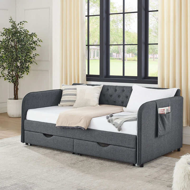 Daybed With Trundle And Storage Drawers, Flat Arms With Pocket by HouseOfZazla