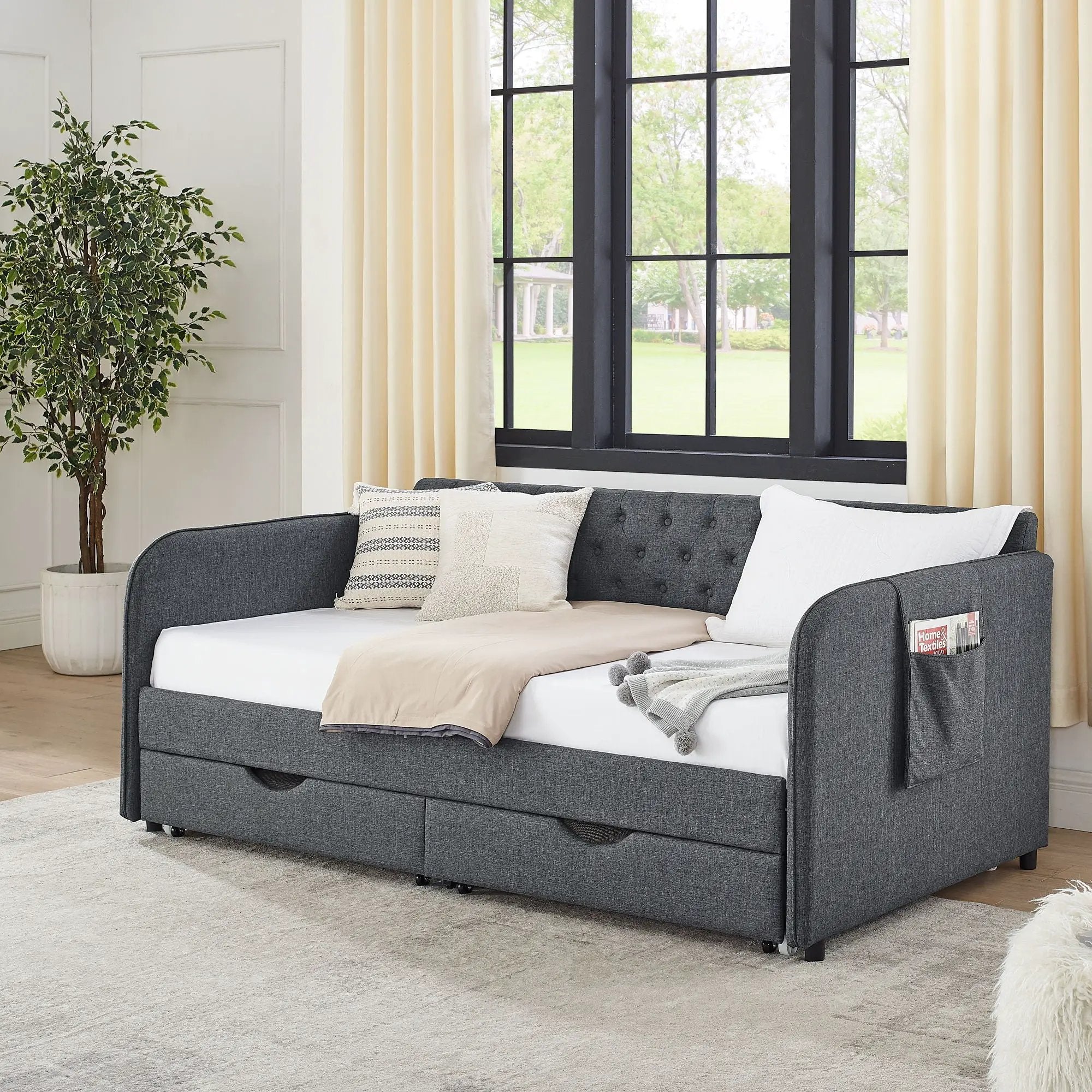 Daybed With Trundle And Storage Drawers, Flat Arms With Pocket by Unique Piece Furniture