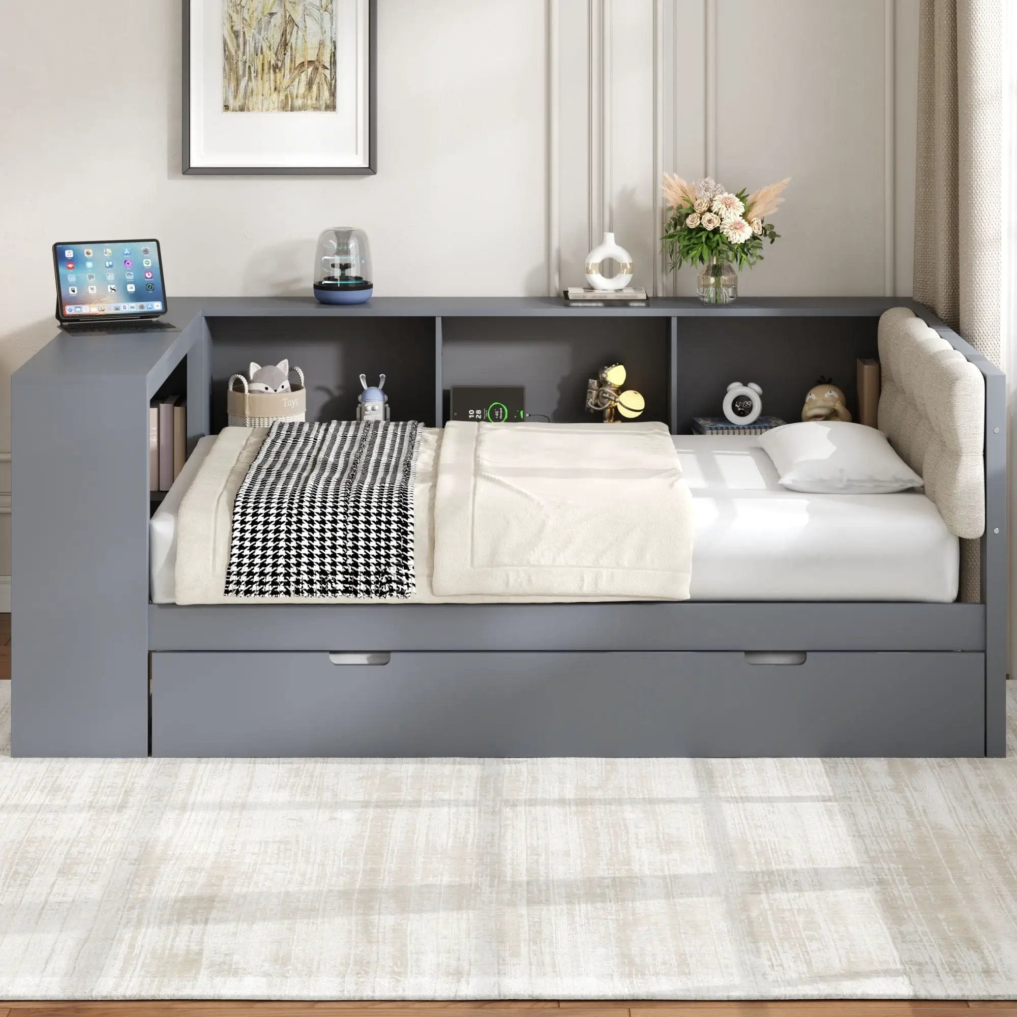 Upholstered Headboard Platform Bed with Storage Shelves, Trundle, and Charging Station by HouseOfZazla