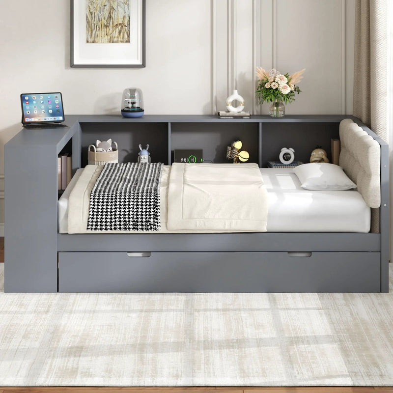 Upholstered Headboard Platform Bed with Storage Shelves, Trundle, and Charging Station by HouseOfZazla