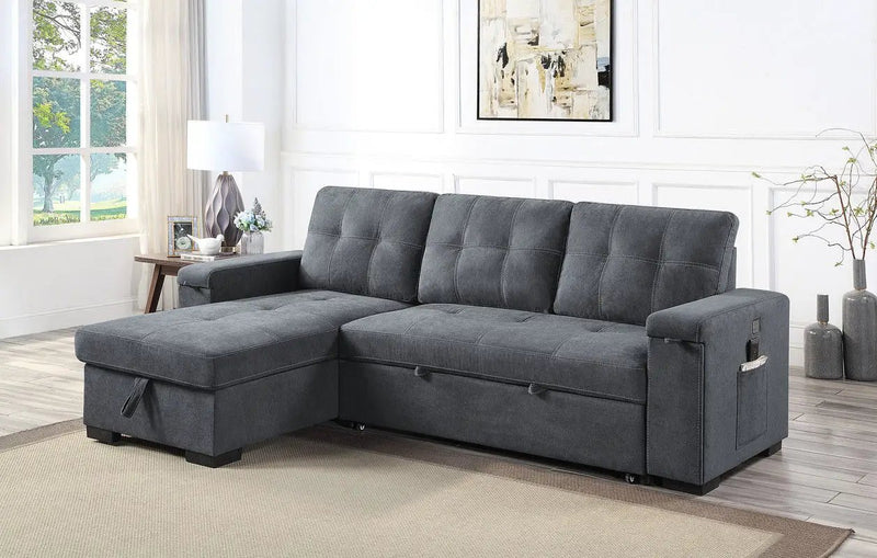 Toby - Woven Fabric Reversible Sleeper Sectional Sofa With Storage Chaise Cup Holder Charging Ports And Pockets by HouseOfZazla