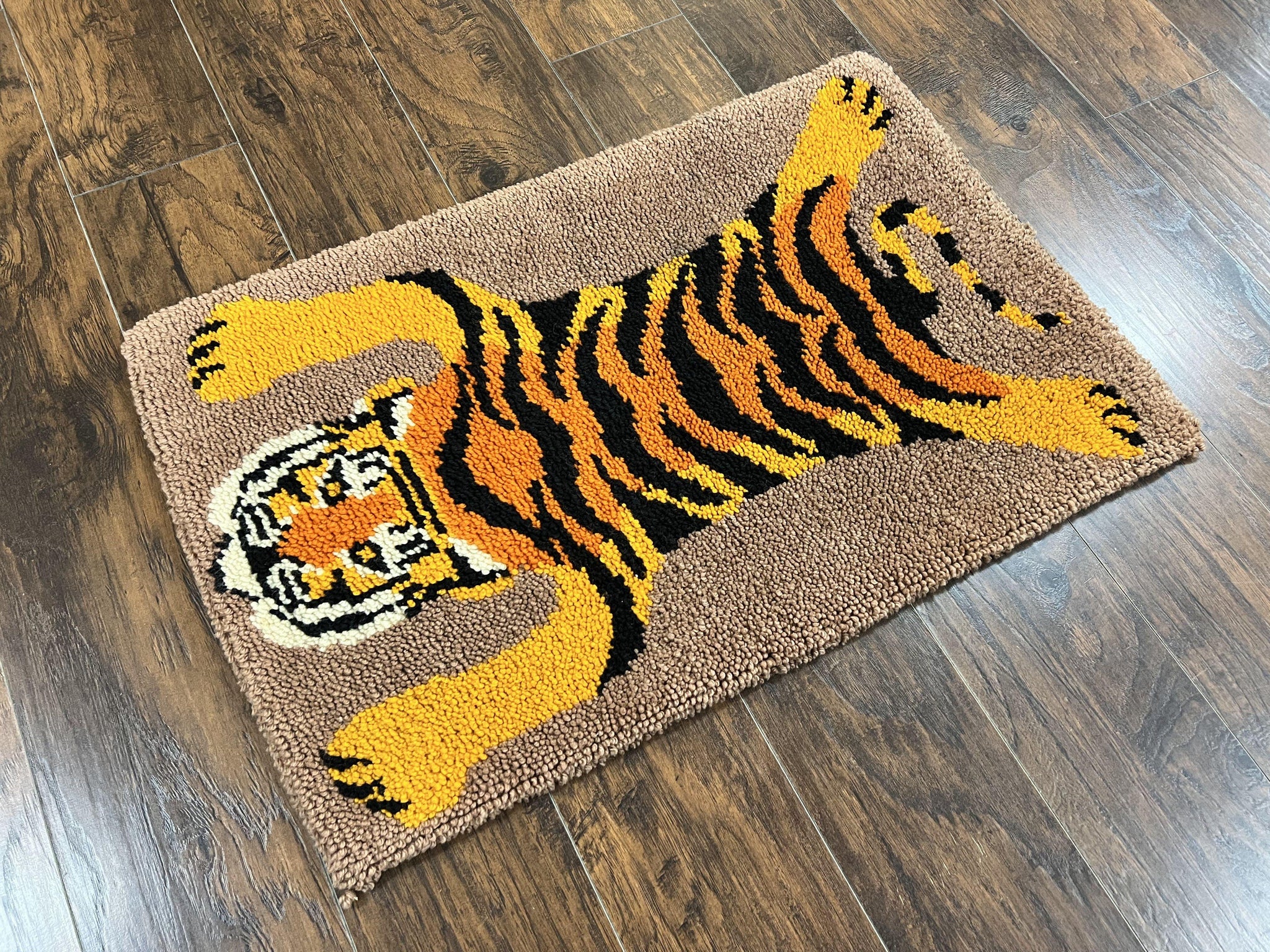 Small Hooked Rug 2x3, Tibetan Tiger Design, Wool, Unique Hooked Rug, Vintage by Jewel Rugs