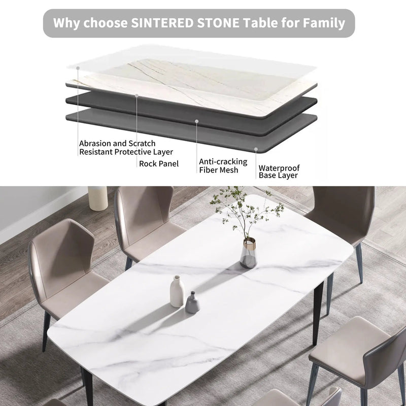 70.87" Modern Artificial Stone Curved Black Metal Leg Dining Table, Can Accommodate 6-8 People - White / Black by HouseOfZazla