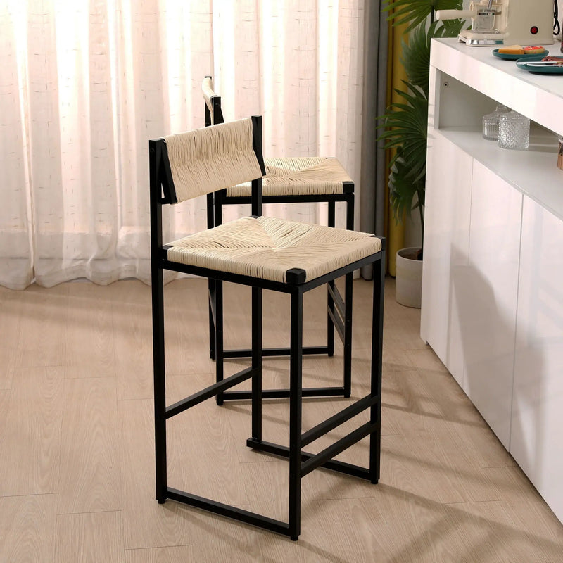 Bar Stools Paper Rope Weave Dining Chairs With Back Hand Weave Stools For Kichen Island, Bar & Counter (Set of 2) by HouseOfZazla