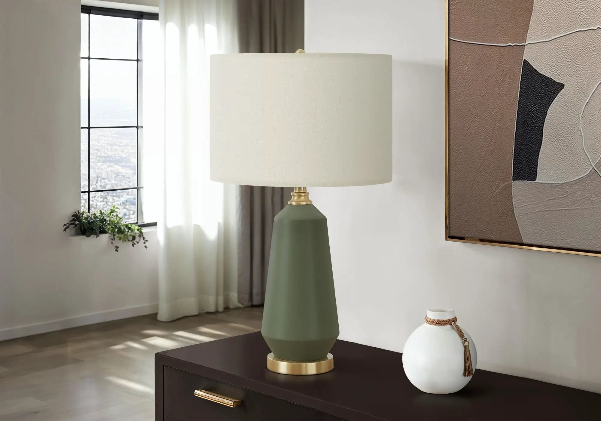 Contemporary Green Ceramic Table Lamp with Ivory Linen Shade by HouseOfZazla