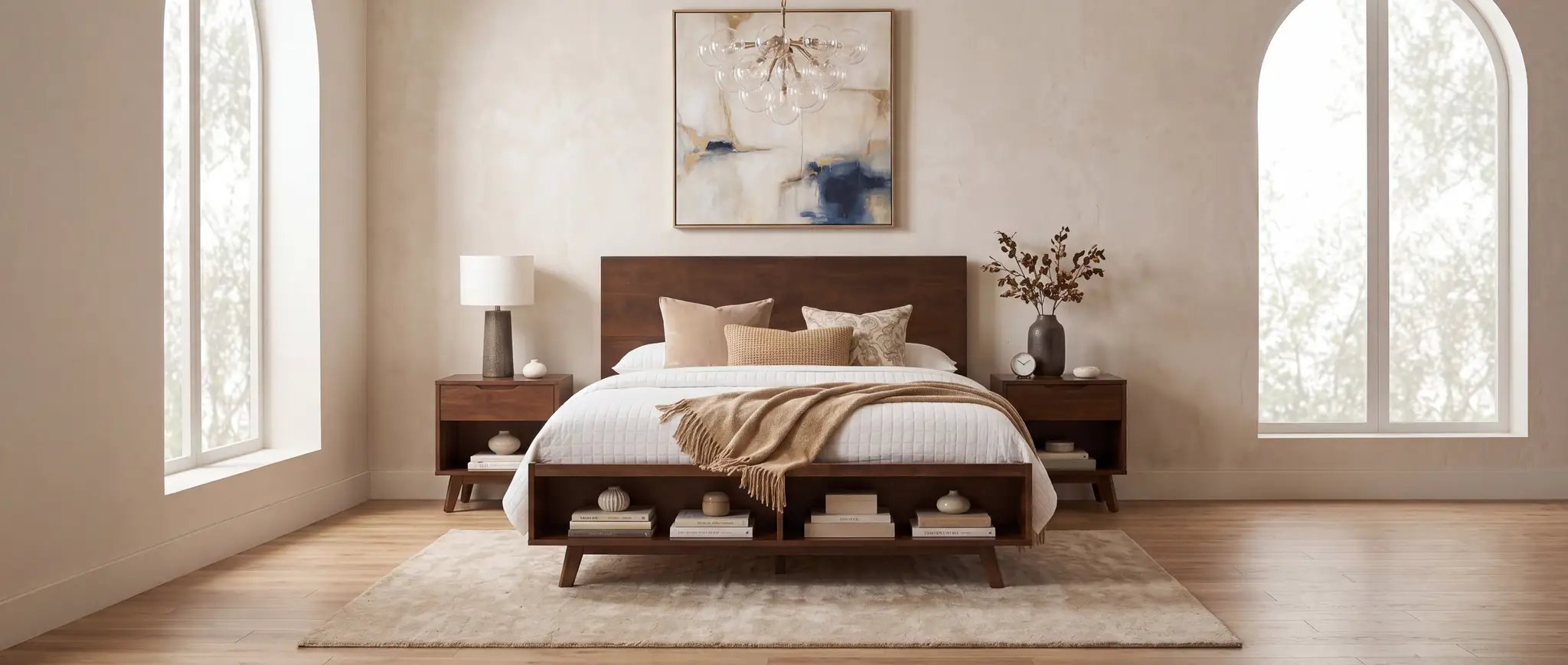Walnut Queen Size Platform Bed Frame with Footboard Storage by HouseOfZazla