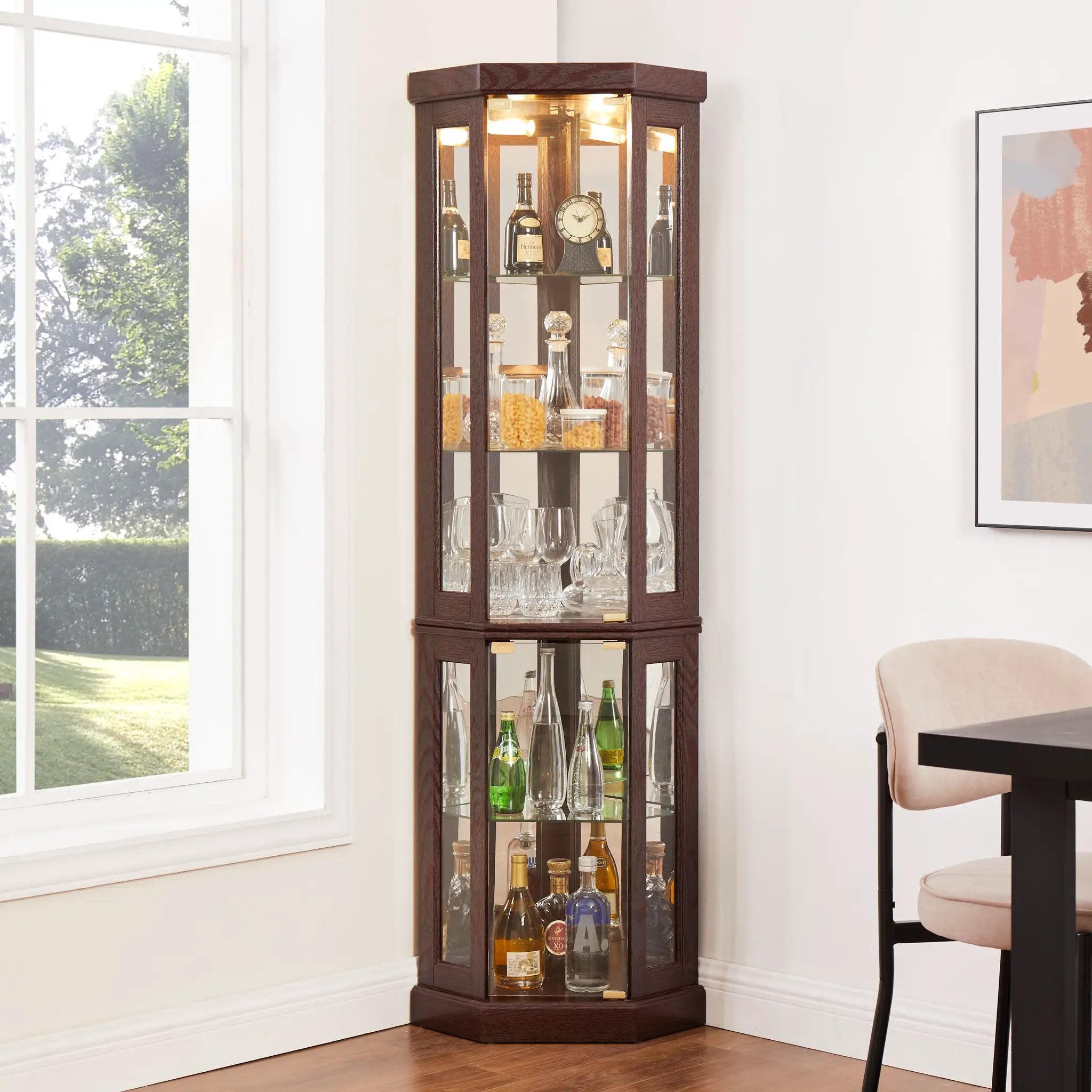 Corner Glass Cabinet Lighted Curio Cabinet in Dark Cherry by HouseOfZazla