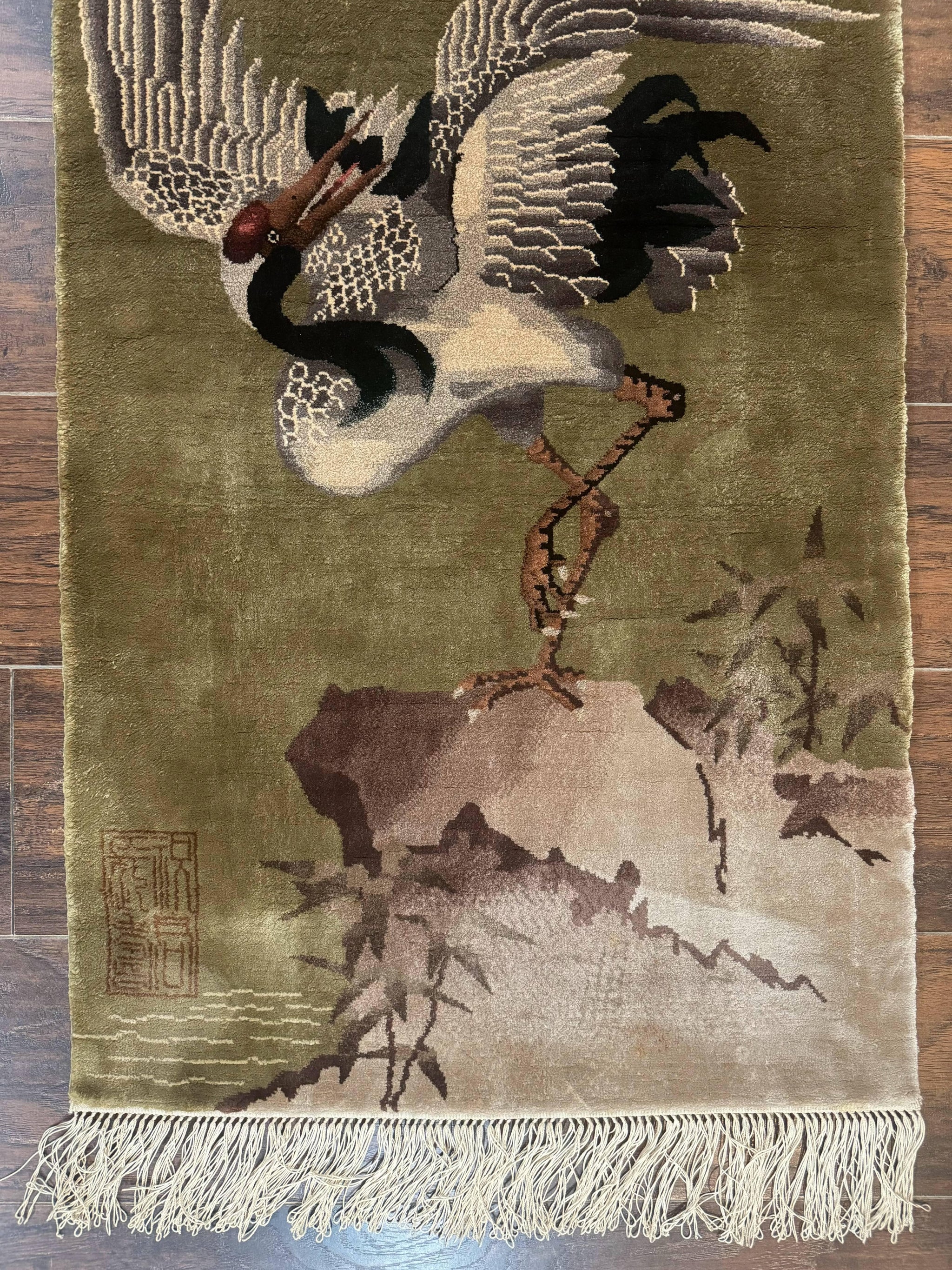 Silk Chinese Wall Hanging 2x4, Vintage Antique, Handmade, Bird on Mountain, Rug Tapestry by Jewel Rugs